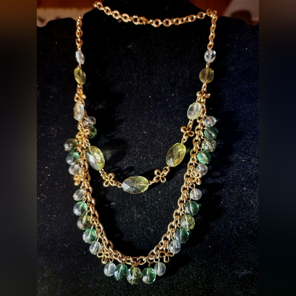 Vintage Two-Strand Green & Yellow Faceted Bead Gold-Tone Statement Necklace